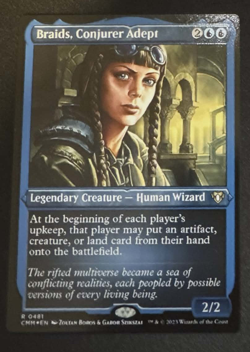 Trading card featuring a character with braids and a wizard outfit, set against an architectural background. Magic the gathering Braids, Conjurer Adept proxy card on metal blank. Oversized Commander Metal Card