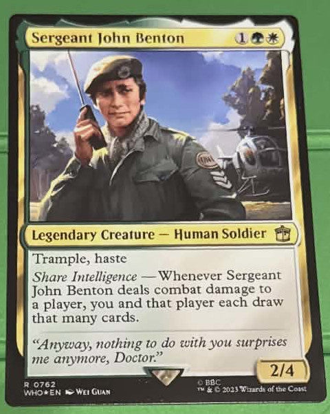 Card featuring Sergeant John Benton with a military theme and text on a metal card. Magic the gathering Sergeant John Benton proxy card on metal blank. Oversized Commander Metal Card