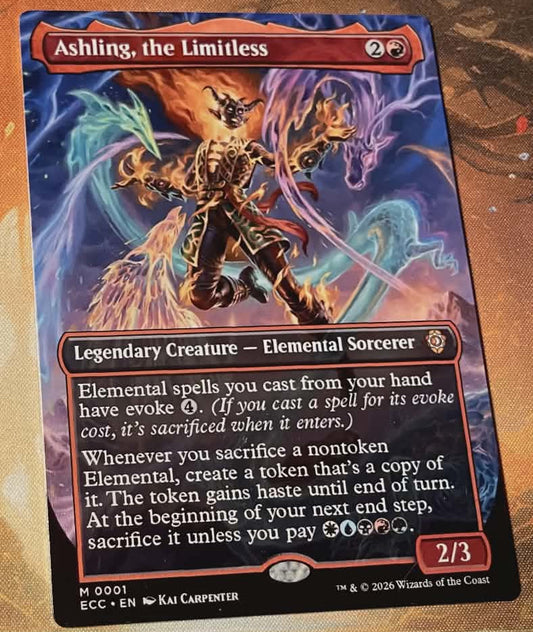 Trading card featuring 'Ashling, the Limitless' with detailed artwork and text on a metal card. Oversized Commander Metal Card