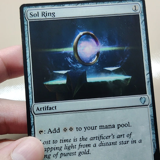 Magic the gathering sol ring proxy card on metal blank. Video of sol ring trading card 